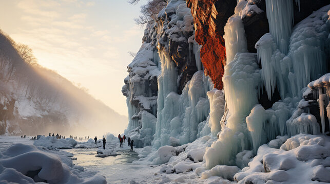 Winter Rock Climbing: Climbers scaling a frozen waterfall, with ice axes and crampons, set against a pristine ice-covered backdrop.