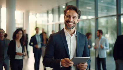 A cheerful businessman, holding a digital tablet and wearing a smile, stands confidently in a modern boardroom with colleagues in the background,banner