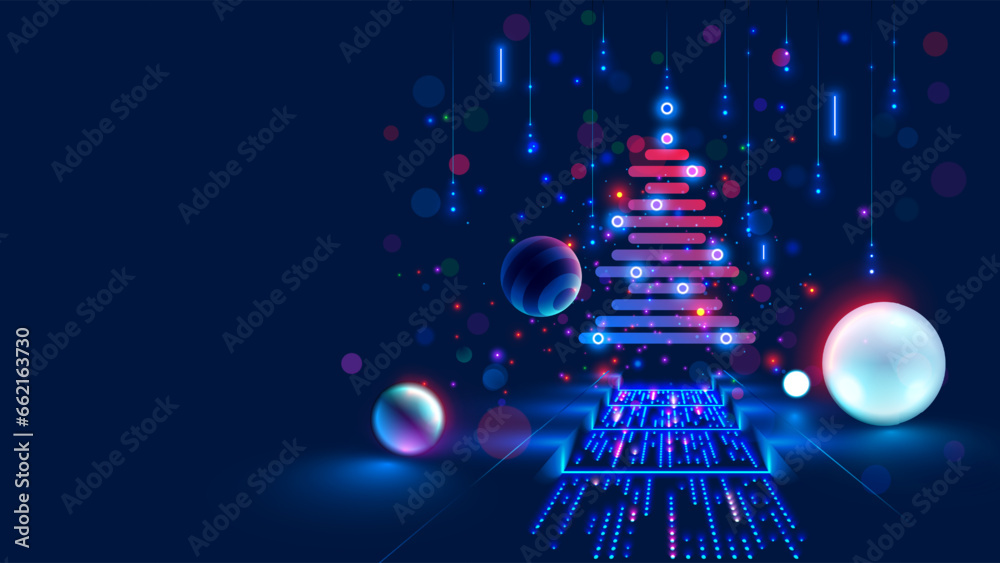 Poster christmas poster with christmas tree in electronic technology style. new year, merry christmas congr