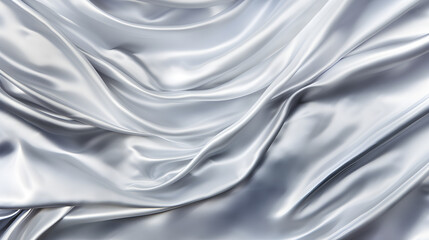 Silver satin background with smooth folds. Satin silk fabric background. Rippling scarf texture. Luxury shiny wallpaper in silver