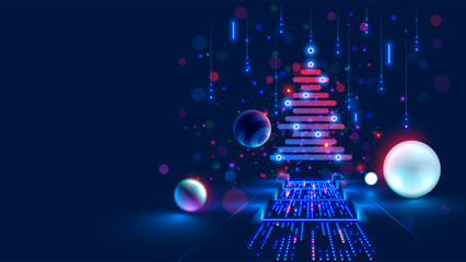 Christmas poster with christmas tree in electronic technology style. New year, merry christmas congratulations card in computer tech design. Template Christmas cards in style of digital technology.