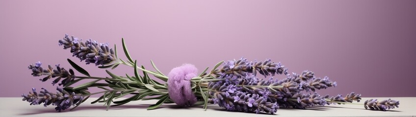 A cluster of fragrant lavender sprigs delicately positioned against a muted lavender background, capturing the essence of this calming herb