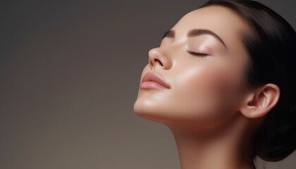 Fototapeta premium A close-up reveals a stunning woman with flawless, smooth skin. Her eyes are shut, and she gently rests her hand on her chin,banner