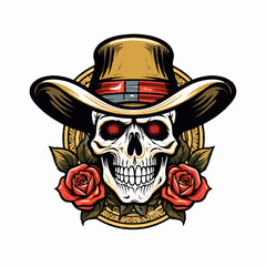 illustration of a skull wearing a hat and decorated with roses