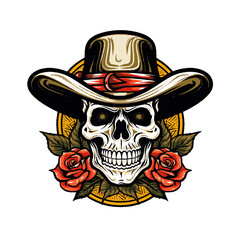 illustration of a skull wearing a hat and decorated with roses