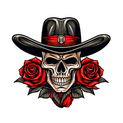 illustration of a skull wearing a hat and decorated with roses