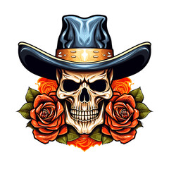 illustration of a skull wearing a hat and decorated with roses