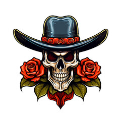 illustration of a skull wearing a hat and decorated with roses
