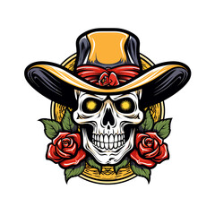 illustration of a skull wearing a hat and decorated with roses