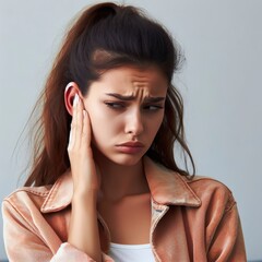 Young woman suffering from strong earache or ear pain. Ear inflammation, otitis or tinnitus. Generative AI - obrazy, fototapety, plakaty