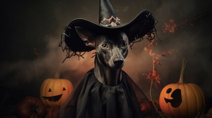 Xoloitzcuintli dog trick or treating on Halloween - obrazy, fototapety, plakaty