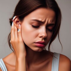 Fototapeta premium Young woman suffering from strong earache or ear pain. Ear inflammation, otitis or tinnitus. Generative AI