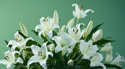 Obraz premium A cluster of pristine white lilies in full bloom set against a lush emerald green background, embodying purity and natural elegance