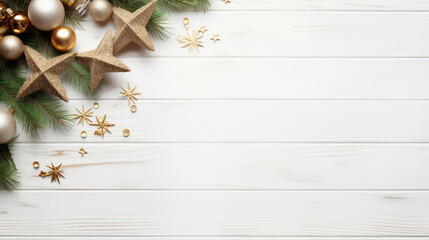 Christmas decoration on white wooden background. Top view with copy space.