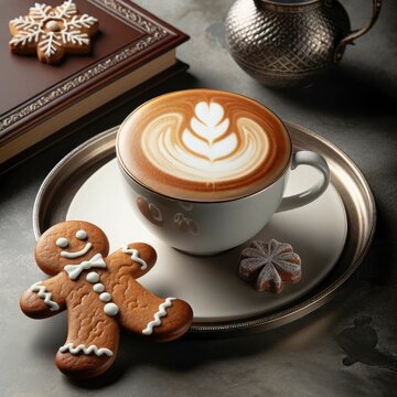 A delicious gingerbread latte and carefully prepared shortbread men. Generative AI
