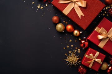 Christmas background with gift boxes and decorations on dark background. Top view with copy space