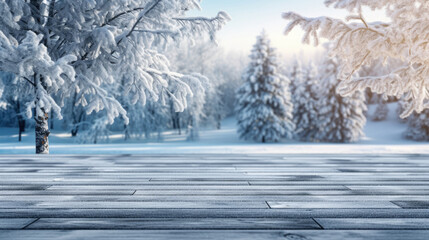 winter landscape with empty wooden floor and snow covered fir trees. 
