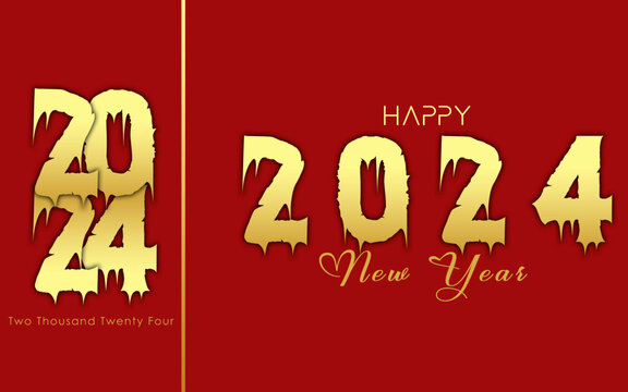 Greeting card Happy New Year 2024. Beautiful holiday web banner or billboard with Golden sparkling text Happy New Year 2024 written sparklers on festive blue background with fireworks.