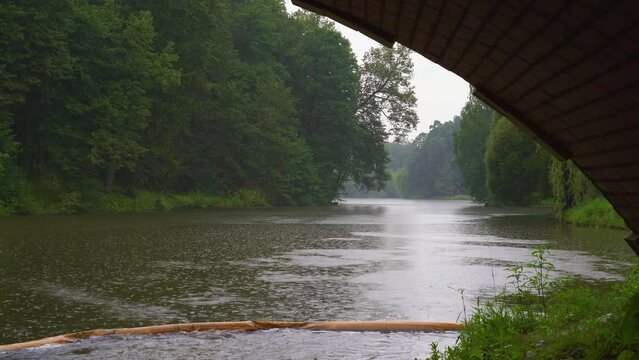 Rain. It's raining over a forested lake, green trees thickly growing along the shores, a winding pond, the view from under a pedestrian brick bridge.