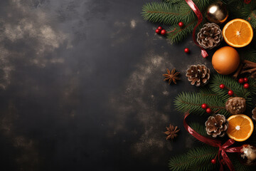 Christmas background with fir tree branches, oranges and spices. Top view with copy space