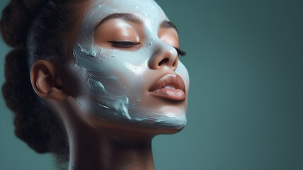 Woman applying a green mask on her face, facial mask, beauty mask, clay mask. cosmetics photo, beauty industry advertising photo. - obrazy, fototapety, plakaty