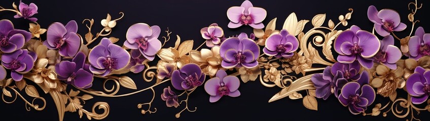 A collection of intricately patterned orchids in various shades of purple arranged against a solid...