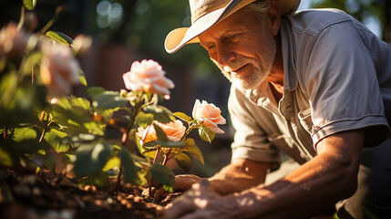 Garden Pruning: A gardener skillfully pruning rose bushes in a beautifully landscaped garden.