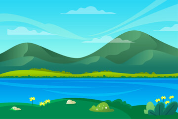 Flat design lake scenery nature landscape background