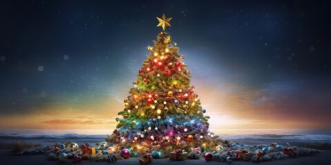 New Year concept. Decorated Christmas tree with presents under it on the beach. Sea and sunset in the background. Dark blue sky and stars shining on it.