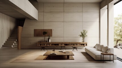 Fototapeta na wymiar A minimalist interior design in a tranquil brutalist context