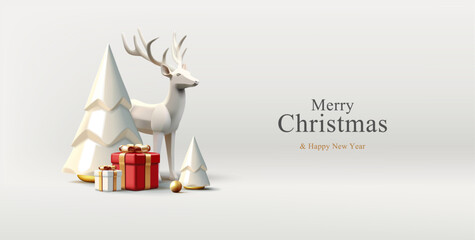 Christmas greeting composition with realistic 3d white gold trending statuettes for Christmas tree, deer, gift boxes - obrazy, fototapety, plakaty