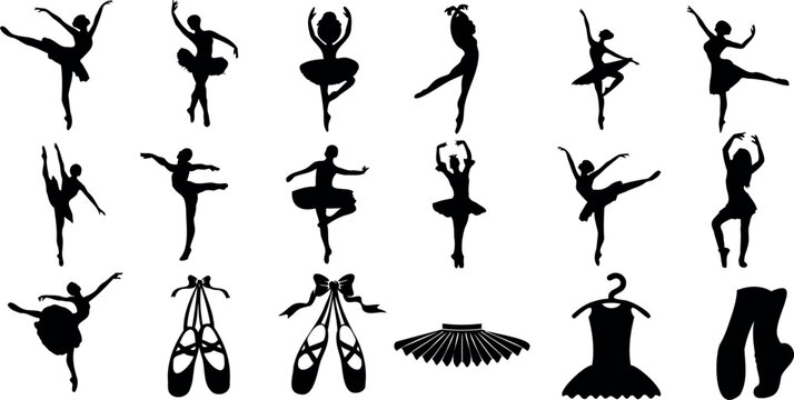 Ballet Dancer Silhouettes, Vector Illustration. Perfect for Dance Studio, Ballet School, Ballerina Themed Designs. Elegant, Graceful Poses in Classic Ballet Style. Ideal for Posters, Flyers, Logos.