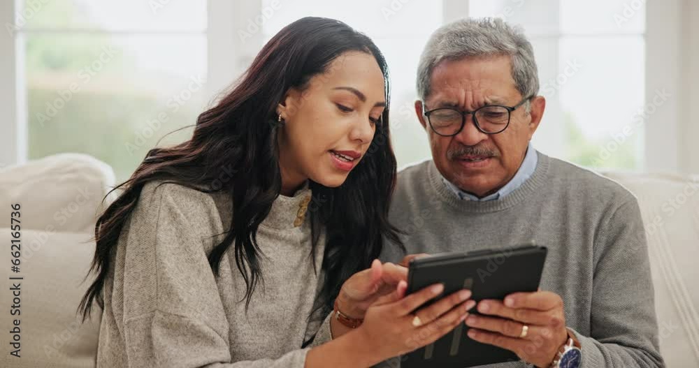 Poster Tablet, happy and woman teaching elderly dad technology, learning and retirement. Father and daughter, love and support or help with internet and online communication, social media and helping hand