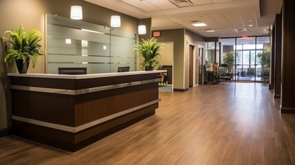 An office reception area with a warm and inviting atmosphere - Powered by Adobe