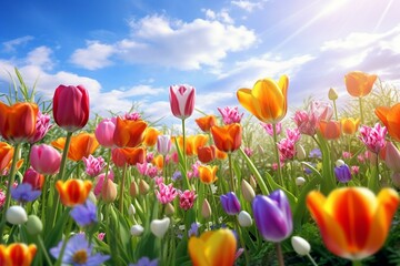 Vibrant tulips blossoming in a spring meadow. Generative AI