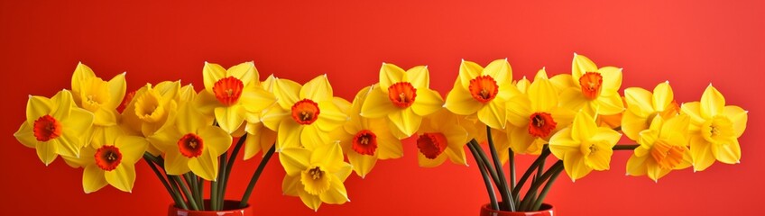 A gathering of bright yellow daffodils set against a vibrant red backdrop, forming a captivating and cheerful ensemble