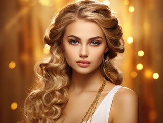 Fototapeta premium Blond model woman with long hair. Care and beauty hair products gold background 