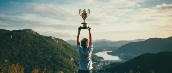 Foto op Canvas a boy holds a large cup aloft, symbolically on a high mountain overlooking the valley with river © Hannes