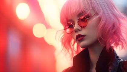 Fototapeta premium Young Asian woman with pink hair and pink sunglasses lenses in front of a pink blurry background