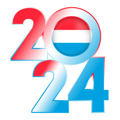 Happy New Year 2024 banner with Luxembourg flag inside. Vector illustration.