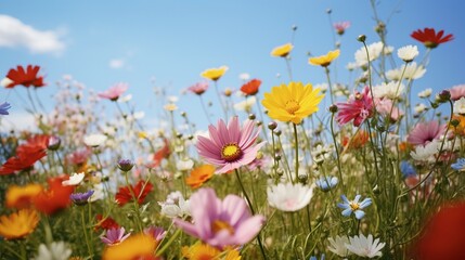 A gathering of wildflowers, including daisies, sunflowers, and poppies, creating a picturesque meadow of colorful blooms