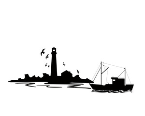 Silhouette de phare sur un rocher en mer avec mouettes en vol et chalutier au premier plan - obrazy, fototapety, plakaty