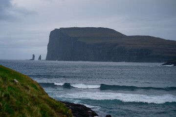 Beautiful panoramic view from Kalsoy Island to the peaks of Eysturoy Island. Faroe Islands. Denmark, Northern Europe