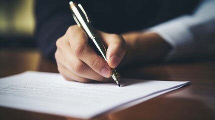 A close-up of a hand writing an essay with a pen - obrazy, fototapety, plakaty