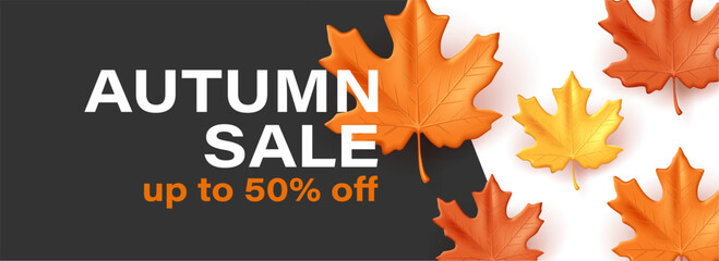 Fototapeta na wymiar Autumn background with 3d fall maple leaves in orange and yellow colors, sale promo banner with discount