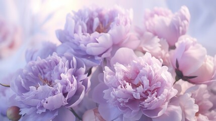 A group of delicate pastel-colored peonies artfully arranged in a cluster against a soft lavender backdrop, creating an enchanting and harmonious composition
