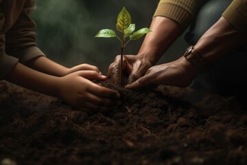 Hands of couple planting plant in soil. Environment eco concept