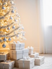 Beautiful Christmas gift boxes on floor near fir tree in room
