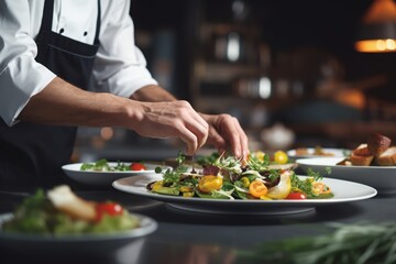 Obraz na płótnie Canvas A Chef's hand in Restaurant garnishing vegetable dish. Close Up