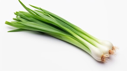 Photo of a pile of fresh green onions on a clean white background